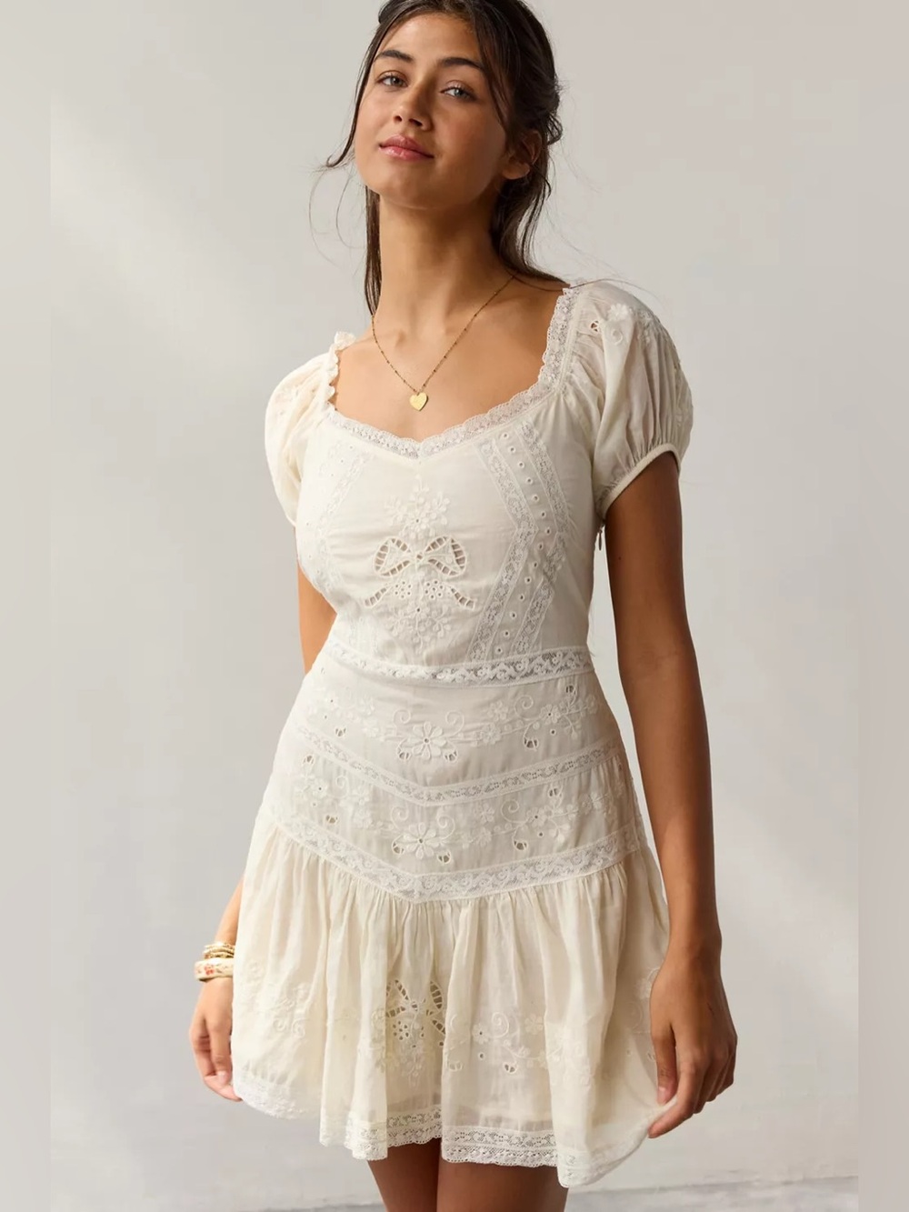LoveShackFancy Belvine Lace Trim Drop Waist Mini Dress